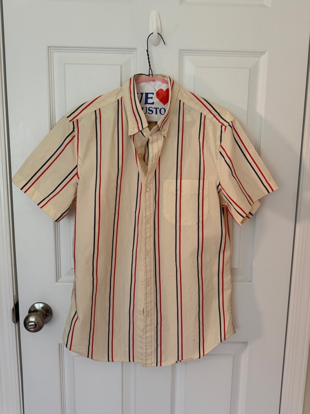 J. Crew Cream Short-Sleeve Button-Down with Red & Navy Stripes